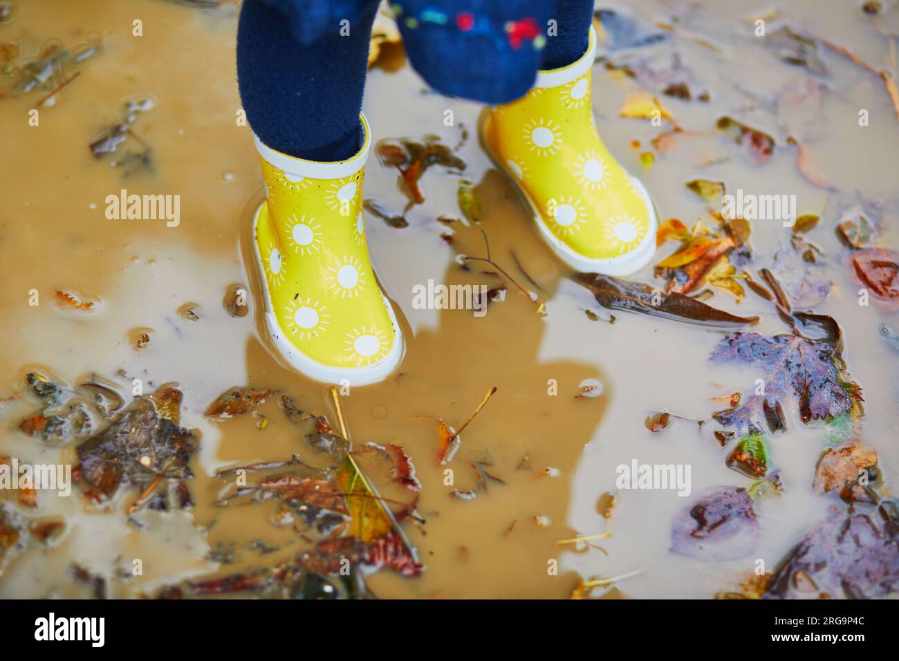 Child wearing yellow rain boots and jumping in dirty puddle on a fall ...
