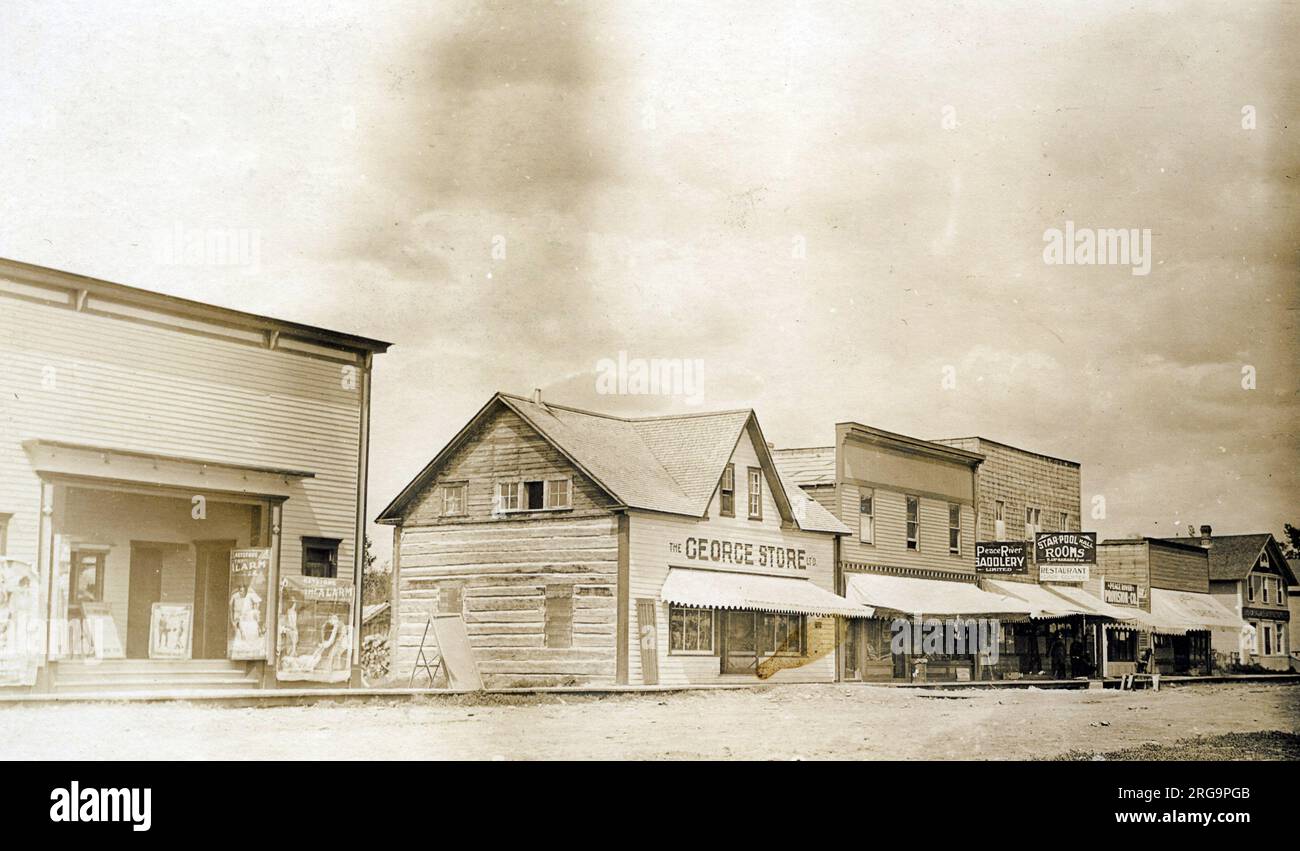 Alberta, Canada - Peace River Crossing. Cinema showing a 1914 Fatty Arbuckle film The Alarm - also George store (George B. Cliff) - circa 1914. Stock Photo