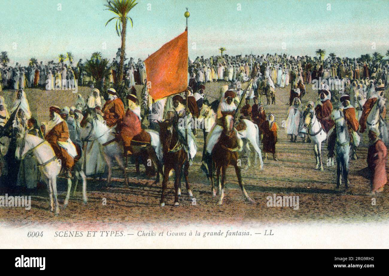 Sheiks (local leaders) and Goums (mounted contingents of Arab or Berber horsemen) at a large open air festival. Stock Photo