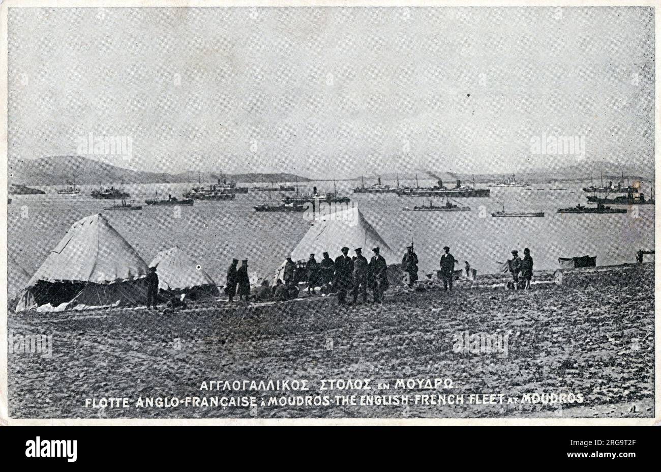 WW1 - The Anglo-French fleet at Lemnos Island, Moudros, Greece. Moudros was used as an Allied Base during the Dardanelles Campaign during the First World War. Stock Photo