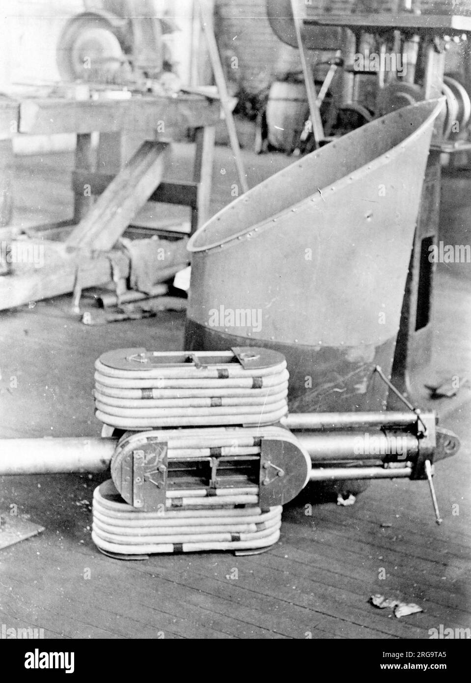 Main undercarriage unit bungee shock absorber of Engineering Division XNBL-1 AS64215, (also known as The Barling Bomber and Witteman-Lewis XNBL-1 and McCook Field Project P-303), during manufacture at Witteman-Lewis Co. Designed by Walter Barling, the XNBL-1 (NBL=Night Bombardment-Long distance) was a large triplane, powered by six 420hp Liberty L-12 engines, quad landing gear and four tails. Contracted to Witteman-Lewis Co for manufacture at Hasbrouck Heights, it was shipped by train, unsassembled, in sections, to Wright Field. First flown on 22 August 1923, it was only a few times before it Stock Photo
