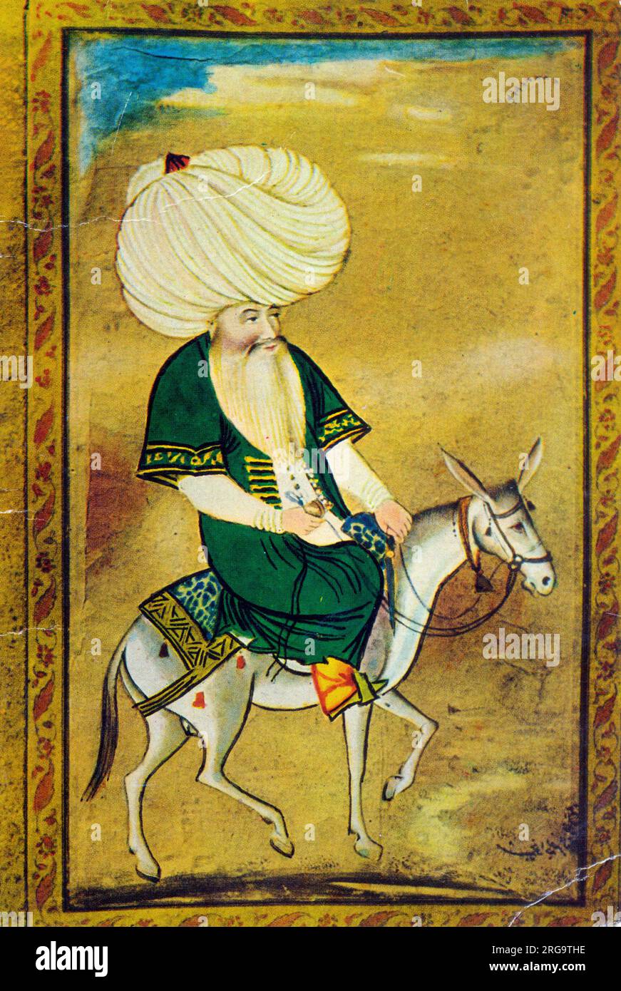 Nasreddin or Nasreddin Hodja or Mullah Nasreddin Hooja or Mullah Nasruddin (1208-1284) was a Seljuq satirist, born in Hortu Village in Sivrihisar, Eskisehir Province, Turkey. Considered a philosopher, Sufi, and wise man, remembered for his funny stories and anecdotes. Stock Photo