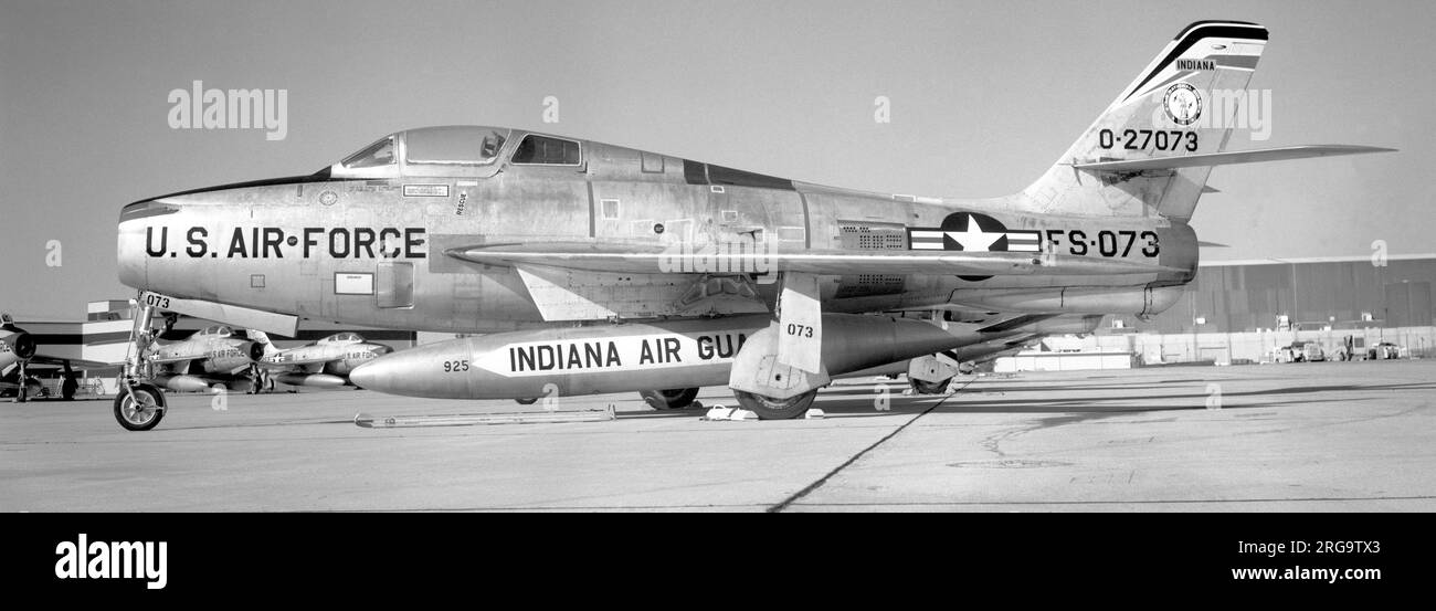 Indiana Air National Guard - Republic F-84F-40-RE Thunderstreak 52-7073 of the 163rd Fighter Squadron, Indiana Air National Guard. 506th Strategic Fighter Wing: United States Air Force.12th SFW: USAF.141st FS: New Jersey Air National Guard366th Tactical Fighter Wing, USAF, 1962.163rd FS : Indiana ANG.1972: Salvaged at the AMARC bone yard Stock Photo