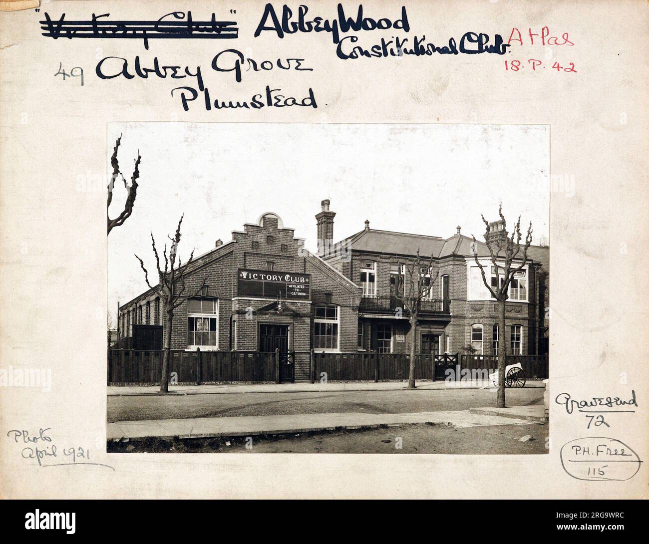 Photograph of Abbey Wood Club, Plumstead, London. The main side of the print (shown here) depicts: Left Face on view of the pub.  The back of the print (available on request) details: Trading Record 1923 . 1930 for the Abbey Wood Club, Plumstead, London SE2 9EX. As of July 2018 . Demolished . now a council nursery Stock Photo