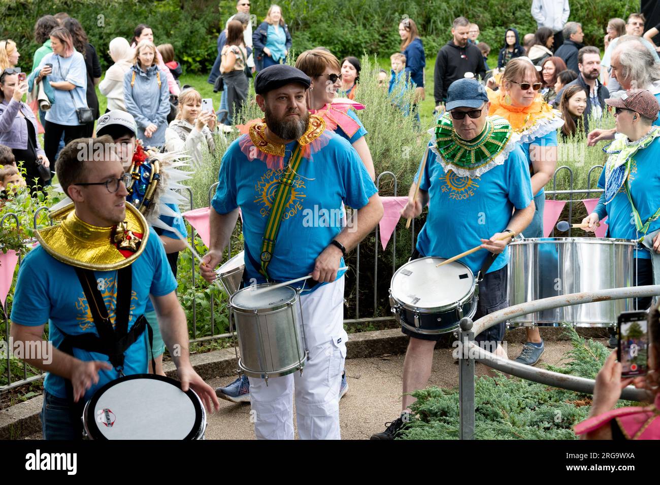 Drummers in the parade at Art in the Park, Leamington Spa, Warwickshire, UK Stock Photo