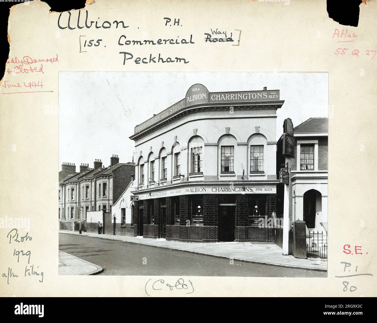 Photograph of Albion PH, Peckham, London. The main side of the print (shown here) depicts: Right face on view of the pub.  The back of the print (available on request) details: Trading Record 1913 . 1944 for the Albion, Peckham, London SE15 6UU. As of July 2018 . Demolished Stock Photo
