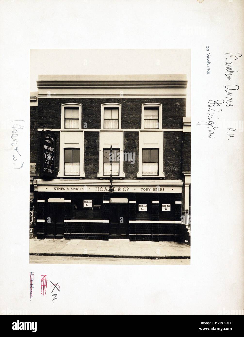 Photograph of Baxter Arms, Islington, London. The main side of the print (shown here) depicts: Face on view of the pub.  The back of the print (available on request) details: Trading Record 1934 . 1961 for the Baxter Arms, Islington, London N18 2EY. As of July 2018 . Demolished Stock Photo