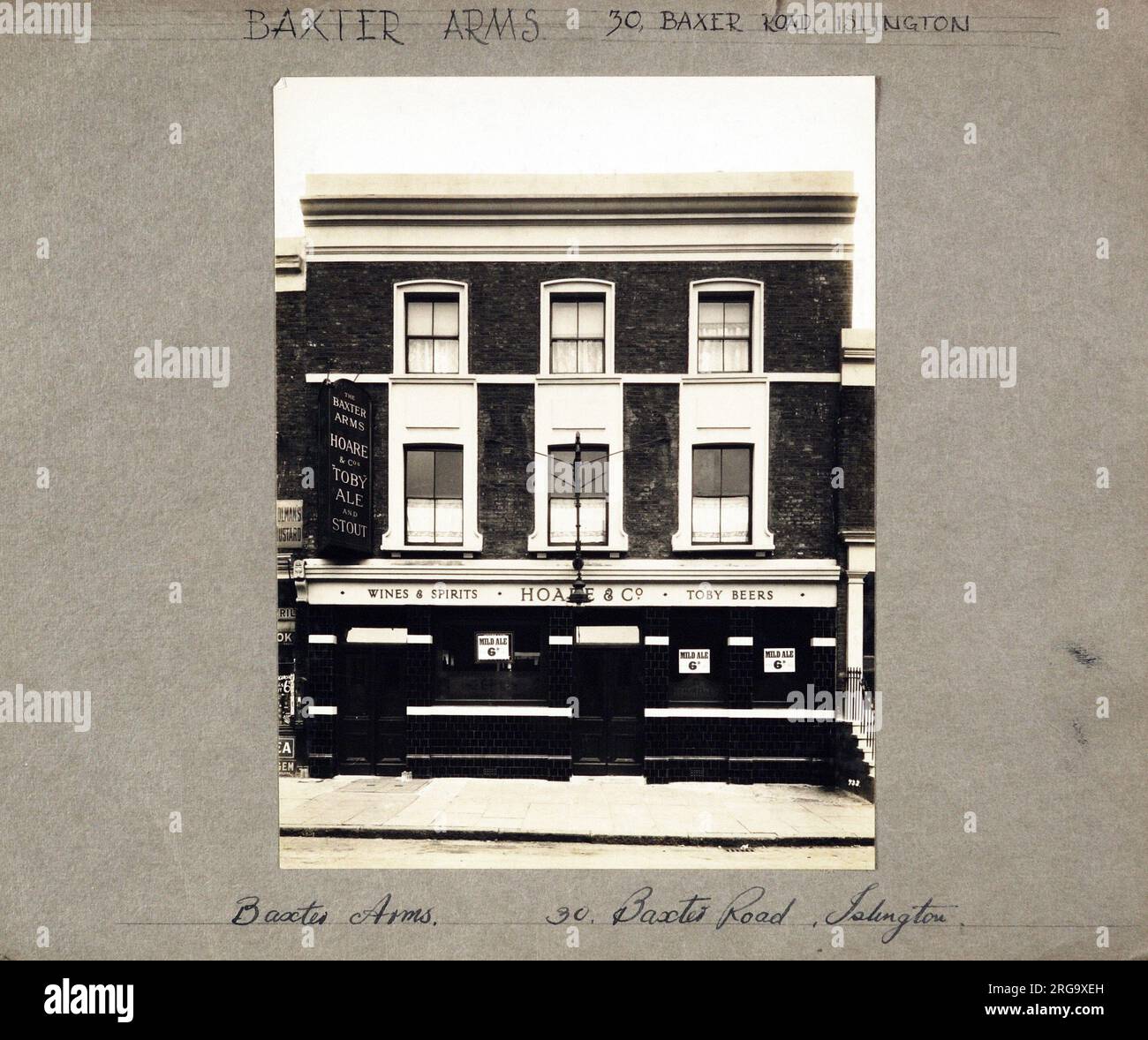 Photograph of Baxter Arms, Islington, London. The main side of the print (shown here) depicts: Face on view of the pub.  The back of the print (available on request) details: Nothing for the Baxter Arms, Islington, London N18 2EY. As of July 2018 . Demolished Stock Photo