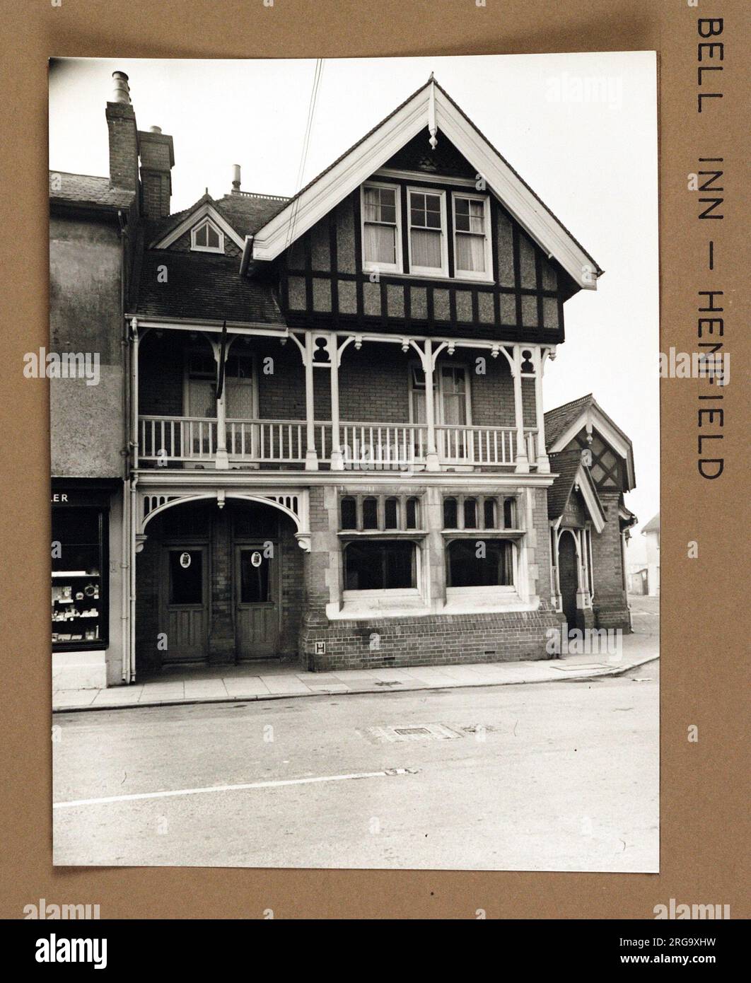 Photograph of Bell Inn, Henfield, Sussex. The main side of the print (shown here) depicts: Face on view of the pub.  The back of the print (available on request) details: Nothing for the Bell Inn, Henfield, Sussex BN5 9HN. As of July 2018 . 2015 . pub closed and now a funeral directors. Stock Photo
