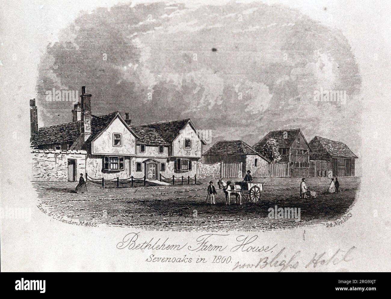 Drawing of the Blighs Hotel  , Sevenoaks, Kent. The main side of the print (shown here) depicts: Pencil drawing of the pub.  The back of the print (available on request) details: Nothing for the Blighs Hotel, Sevenoaks, Kent TN13 1UP. As of July 2018 . Renamed Oak Tree and now Oak Tavern & Tap House with in house brewery Stock Photo