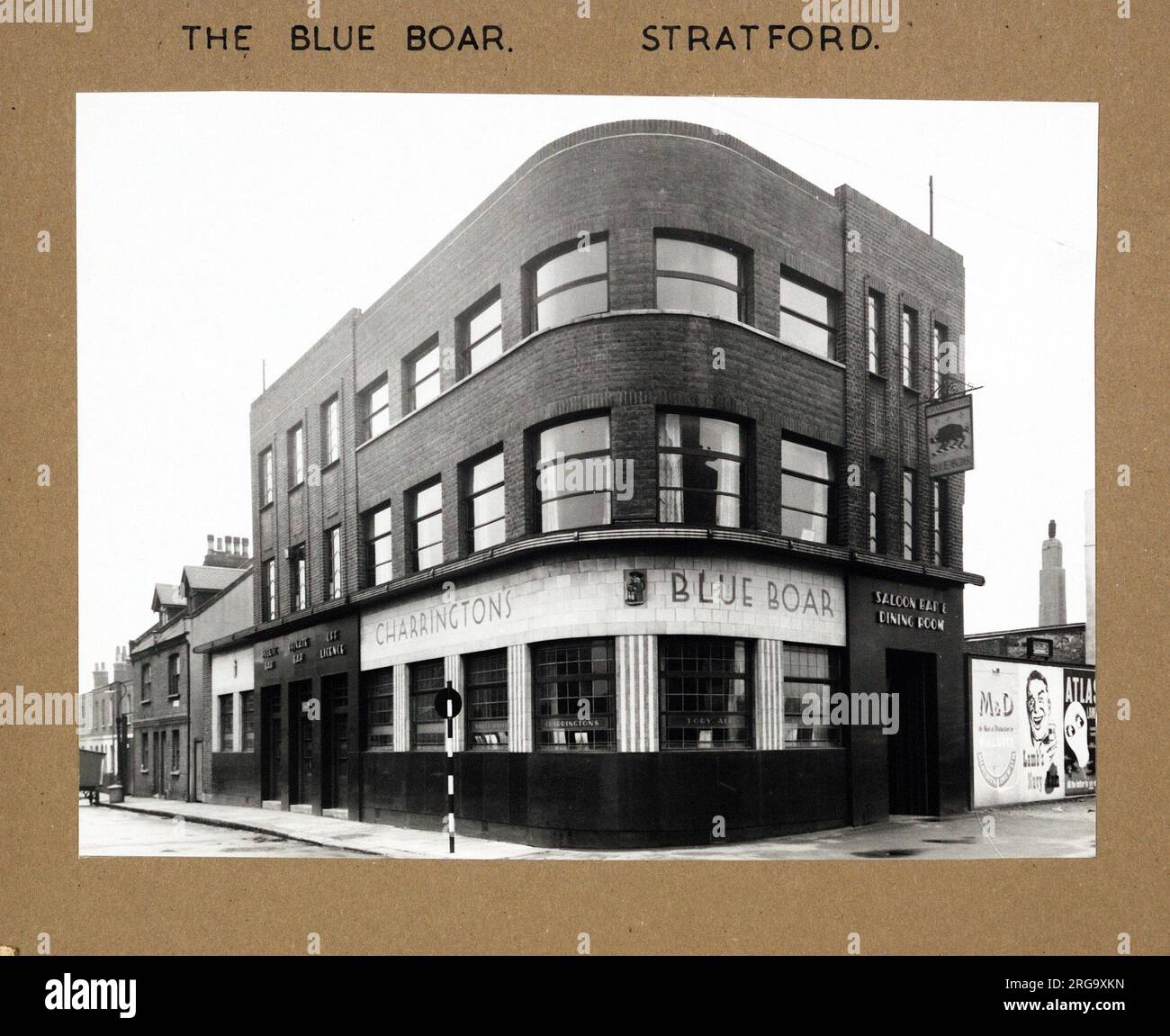 Photograph of Blue Boar PH, Stratford (New), London. The main side of the print (shown here) depicts: Corner on view of the pub.  The back of the print (available on request) details: Nothing for the Blue Boar, Stratford (New), London E15 4SB. As of July 2018 . The new pub was demolished some time after 1962 in a road widening scheme Stock Photo