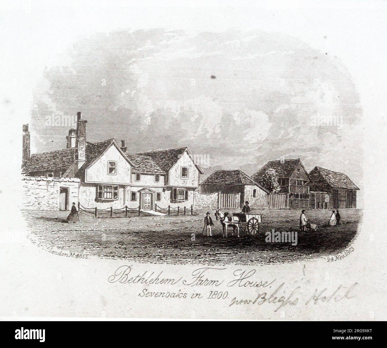 Drawing of the Blighs Hotel , Sevenoaks, Kent. The main side of the print (shown here) depicts: Pencil drawing of the pub.  The back of the print (available on request) details: Photographer ID for the Blighs Hotel, Sevenoaks, Kent TN13 1UP. As of July 2018 . Renamed Oak Tree and now Oak Tavern & Tap House with in house brewery Stock Photo