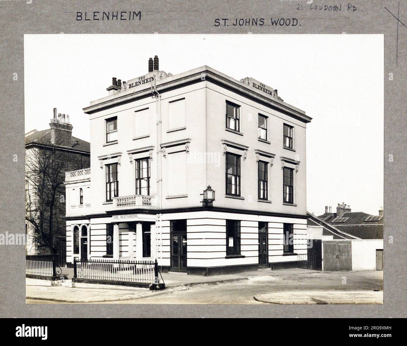 Photograph of Blenheim PH, St Johns Wood, London. The main side of the print (shown here) depicts: Corner on view of the pub.  The back of the print (available on request) details: Nothing for the Blenheim, St Johns Wood, London NW8 0NB. As of July 2018 . Converted to Cafe Med around 1998, Stock Photo