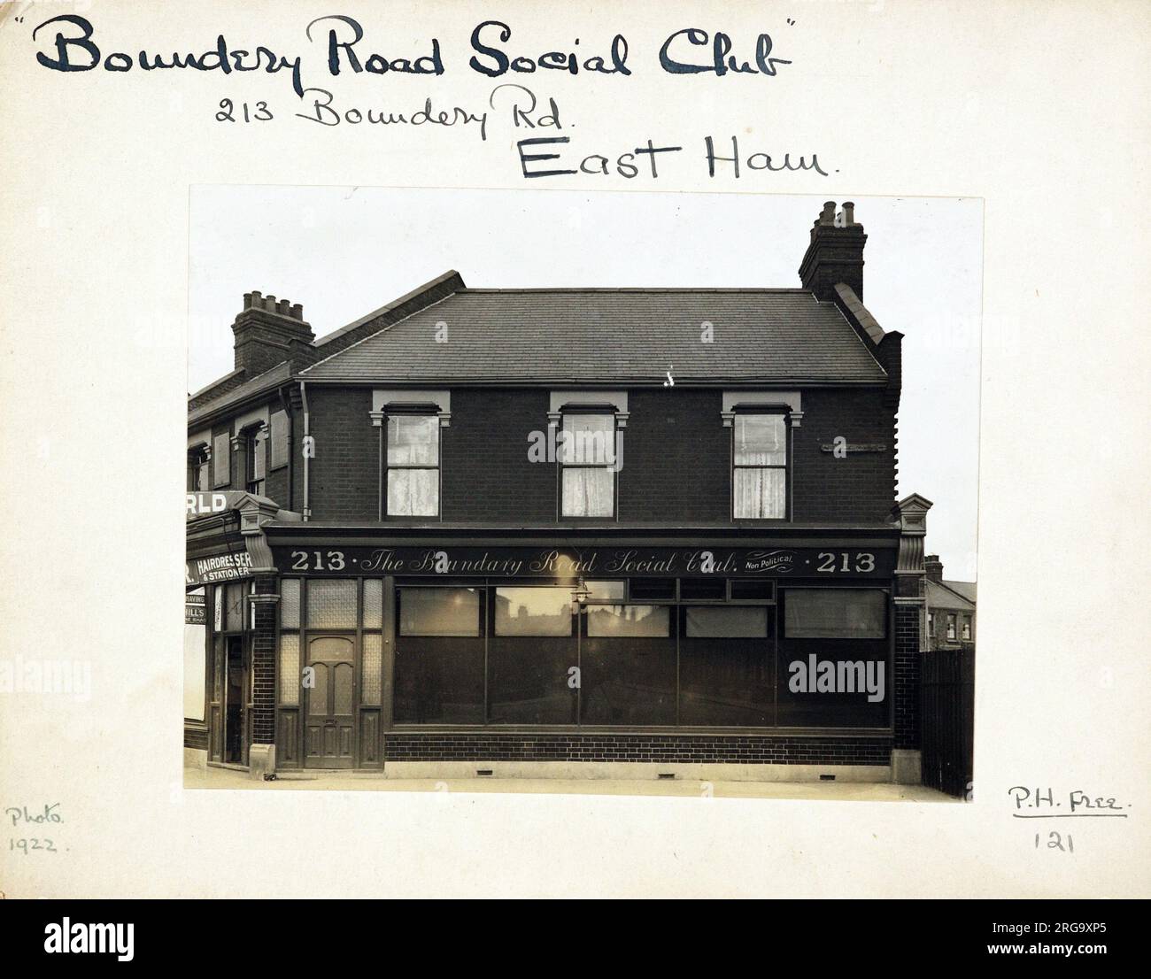 Photograph of Boundary Road Social Club PH, East Ham, London. The main side of the print (shown here) depicts: Face on view of the pub.  The back of the print (available on request) details: Trading Record no date for the Boundary Road Social Club, East Ham, London E13 9QF. As of July 2018 . Demolished Stock Photo