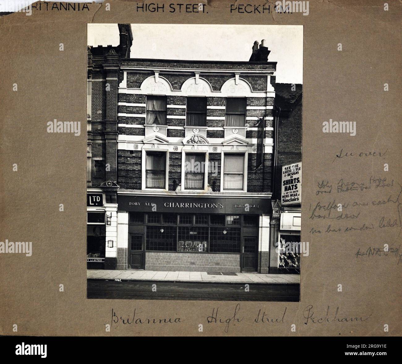 Photograph of Britannia PH, Peckham, London. The main side of the print (shown here) depicts: Face on view of the pub.  The back of the print (available on request) details: Nothing for the Britannia, Peckham, London SE15 5RS. As of July 2018 . Now Elliot's clothes shop. Stock Photo