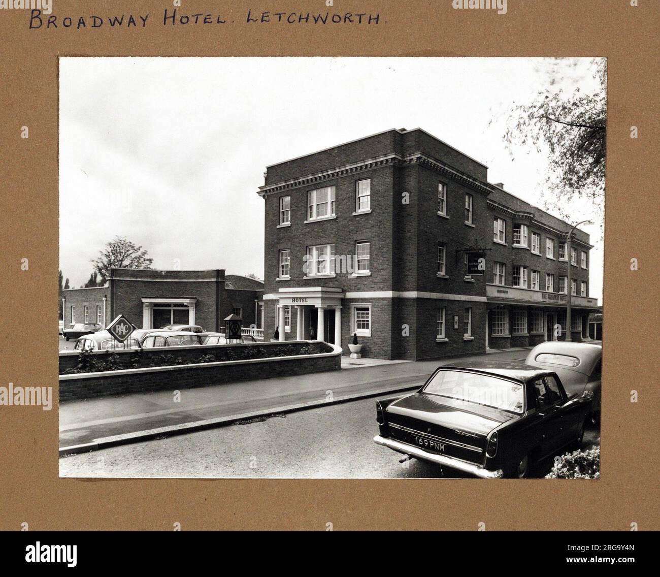 Photograph of Broadway Hotel, Letchworth, Hertfordshire. The main side of the print (shown here) depicts: Corner on view of the pub.  The back of the print (available on request) details: Nothing for the Broadway Hotel, Letchworth, Hertfordshire SG6 3NZ. As of July 2018 . Individually owned Stock Photo