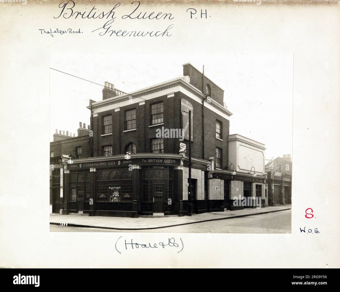 Photograph of British Queen PH, Greenwich, London. The main side of the print (shown here) depicts: Corner on view of the pub.  The back of the print (available on request) details: Trading Record 1934 . 1961 for the British Queen, Greenwich, London SE10 9ER. As of July 2018 . Became Rick's Bar now brach of Ladbrokes Stock Photo