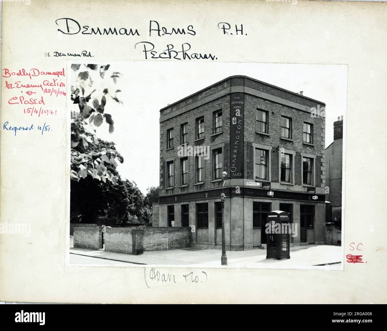 Photograph of Denman Arms, Peckham, London. The main side of the print (shown here) depicts: Corner on view of the pub.  The back of the print (available on request) details: Trading Record 1934. 1961 for the Denman Arms, Peckham, London SE15 5NR. As of July 2018 . Pub closed and as of Sep 2017 ground floor boarded up Stock Photo