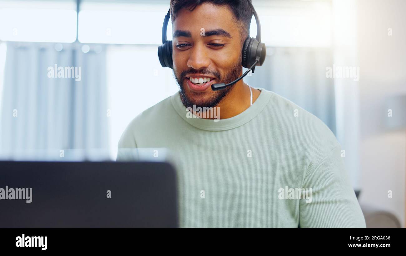 Video call, black man and work from home, virtual communication or remote  client tech support in call center career. Hello, wave of indian person  Stock Photo - Alamy