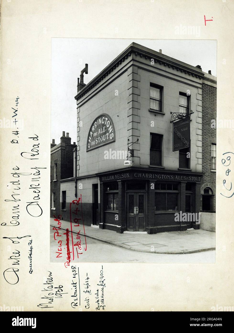 Duke Of Cambridge PH, Hackney Road (Old), London. The main side of the print (shown here) depicts: Corner on view of the pub.  The back of the print (available on request) details: Trading Record 1929 . 1941 for the Duke Of Cambridge, Hackney Road (Old), London E2 8NP. As of July 2018 . Old pub demolished . new one built on same plot in 1938 Stock Photo