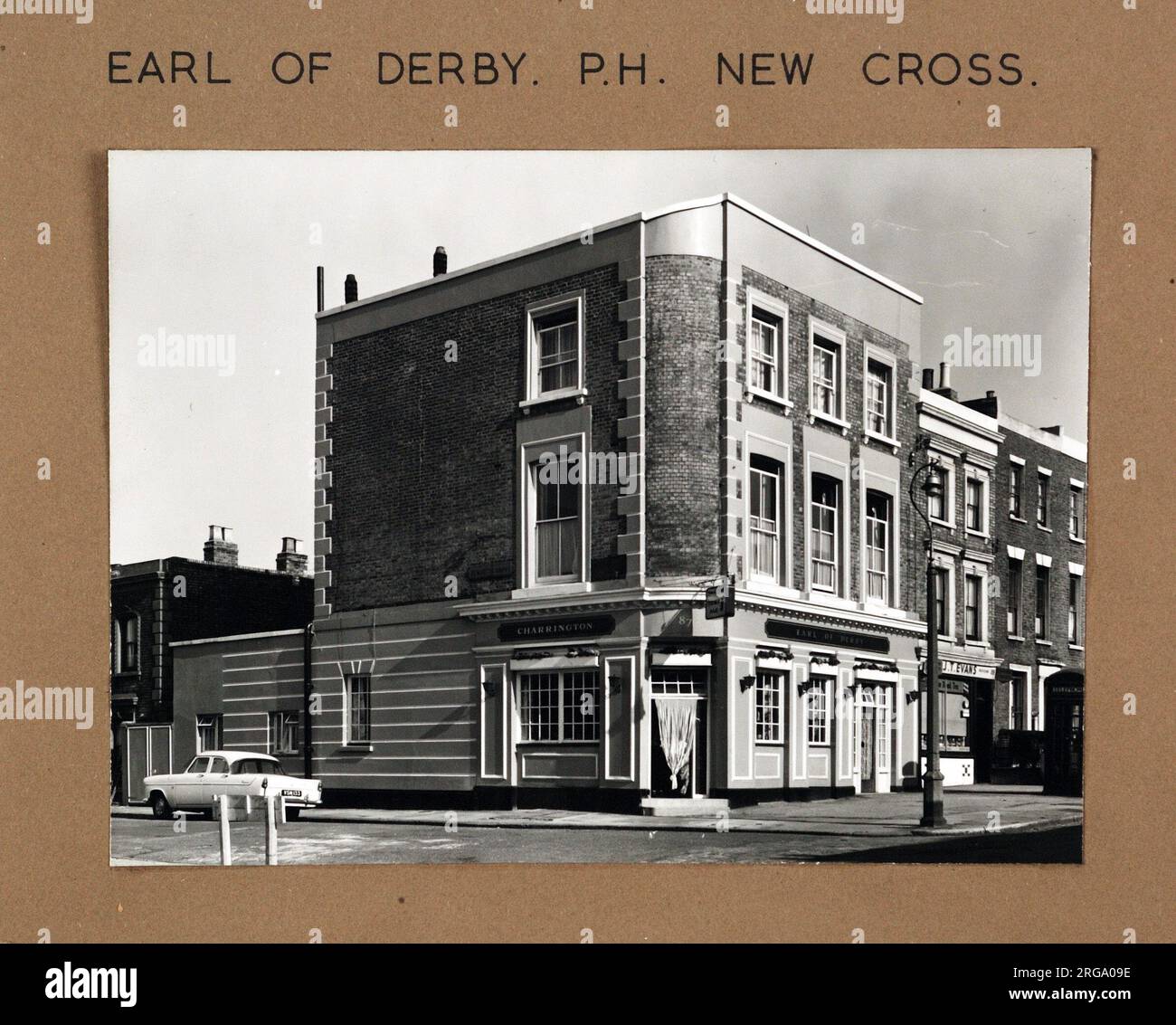 Photograph of Earl Of Derby PH, New Cross, London. The main side of the print (shown here) depicts: Corner on view of the pub.  The back of the print (available on request) details: Trading Record 1948 . 1961 for the Earl Of Derby, New Cross, London SE14 5LW. As of July 2018 . Owner Remarkable restaurants Stock Photo