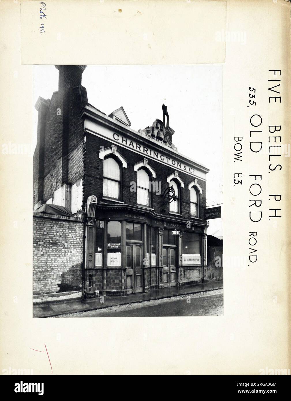 Photograph of Five Bells PH, Bow, London. The main side of the print (shown here) depicts: Left Face on view of the pub.  The back of the print (available on request) details: Trading Record 1938 . 1961 for the Five Bells, Bow, London E3 5SP. As of July 2018 . Pubs called the Five Bells can often be found in docks areas. The name derives from the fact that ships kept time by a series of eight bells keeping time over a four hour cycle. Five bells was 2:30pm which was often closing time for the lunchtime session before all day opening. Now demolished Stock Photo