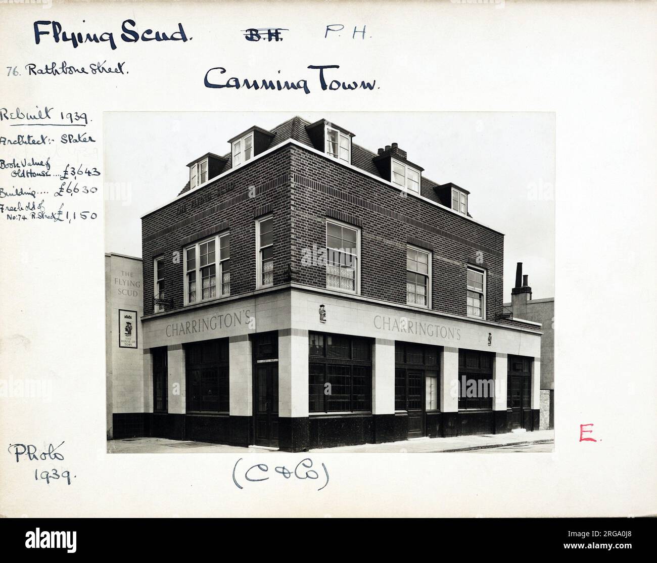 Photograph of Flying Scud PH, Canning Town, London. The main side of the print (shown here) depicts: Corner on view of the pub.  The back of the print (available on request) details: Trading Record 1929 . 1961 for the Flying Scud, Canning Town, London E16 1JQ. As of July 2018 . Converted to flats 1995. Stock Photo