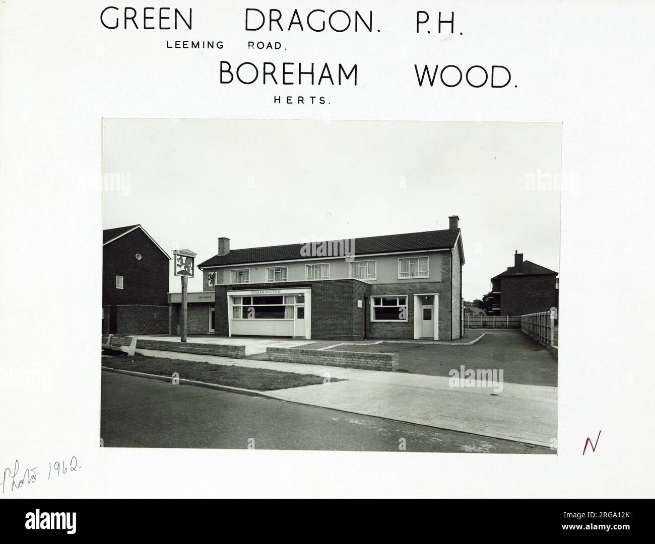Photograph of Green Dragon PH, Borehamwood, Hertfordshire. The main side of the print (shown here) depicts: Right face on view of the pub.  The back of the print (available on request) details: Trading Record 1961 for the Green Dragon, Borehamwood, Hertfordshire WD6 4EB. As of July 2018 . As of Jun 2017 this pub was under scaffolding and development work was ongoing Stock Photo