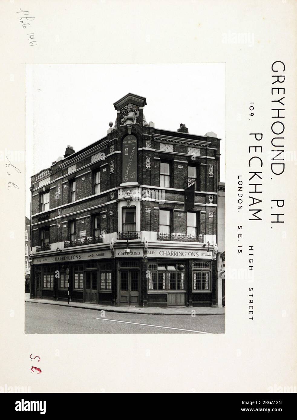 Photograph of Greyhound PH, Peckham, London. The main side of the print (shown here) depicts: Corner on view of the pub.  The back of the print (available on request) details: Nothing for the Greyhound, Peckham, London SE15 5SE. As of July 2018 . Individually owned Stock Photo