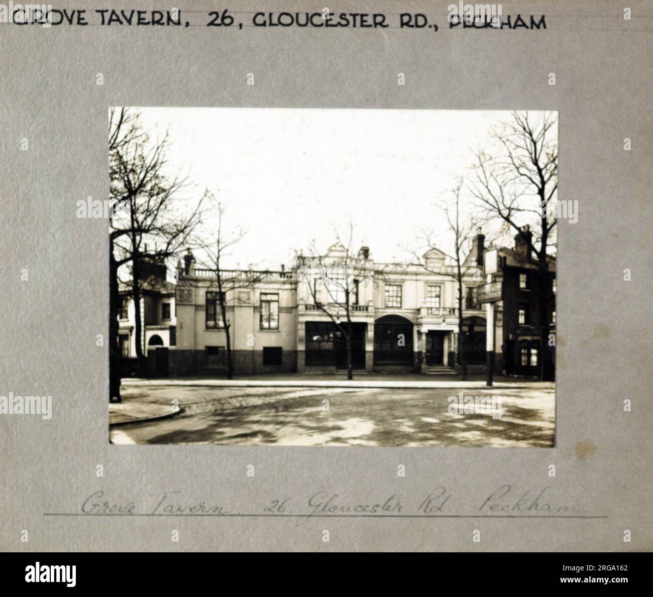 Photograph of Grove Tavern , Peckham, London. The main side of the print (shown here) depicts: Face on view of the pub.  The back of the print (available on request) details: Nothing for the Grove Tavern, Peckham, London SE15 6FX. As of July 2018 . Pending upstairs conversion . Listed as an Asset of Community Value by Lambeth Council.  Owner . Golfrate. Sept 2017 . Planning permission refused again to change the upper floors into flats. Stock Photo