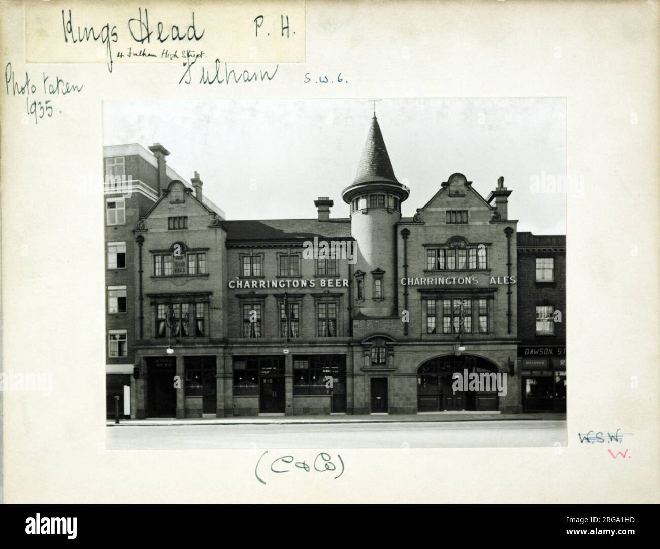 Photograph of Kings Head PH, Fulham, London. The main side of the print (shown here) depicts: Face on view of the pub.  The back of the print (available on request) details: Trading Record 1929 . 1961 for the Kings Head, Fulham, London SW6 3LQ. As of July 2018 . Currently closed and the planning consent requested means the future of this venue as a pub or bar must be regarded as uncertain. Stock Photo