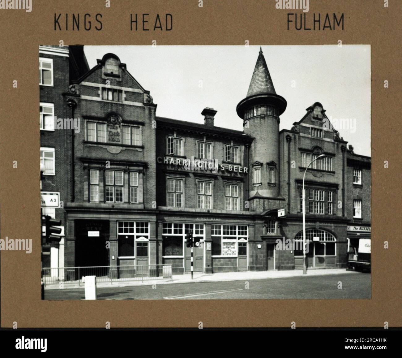 Photograph of Kings Head PH, Fulham, London. The main side of the print (shown here) depicts: Left Face on view of the pub.  The back of the print (available on request) details: Nothing for the Kings Head, Fulham, London SW6 3LQ. As of July 2018 . Currently closed and the planning consent requested means the future of this venue as a pub or bar must be regarded as uncertain. Stock Photo