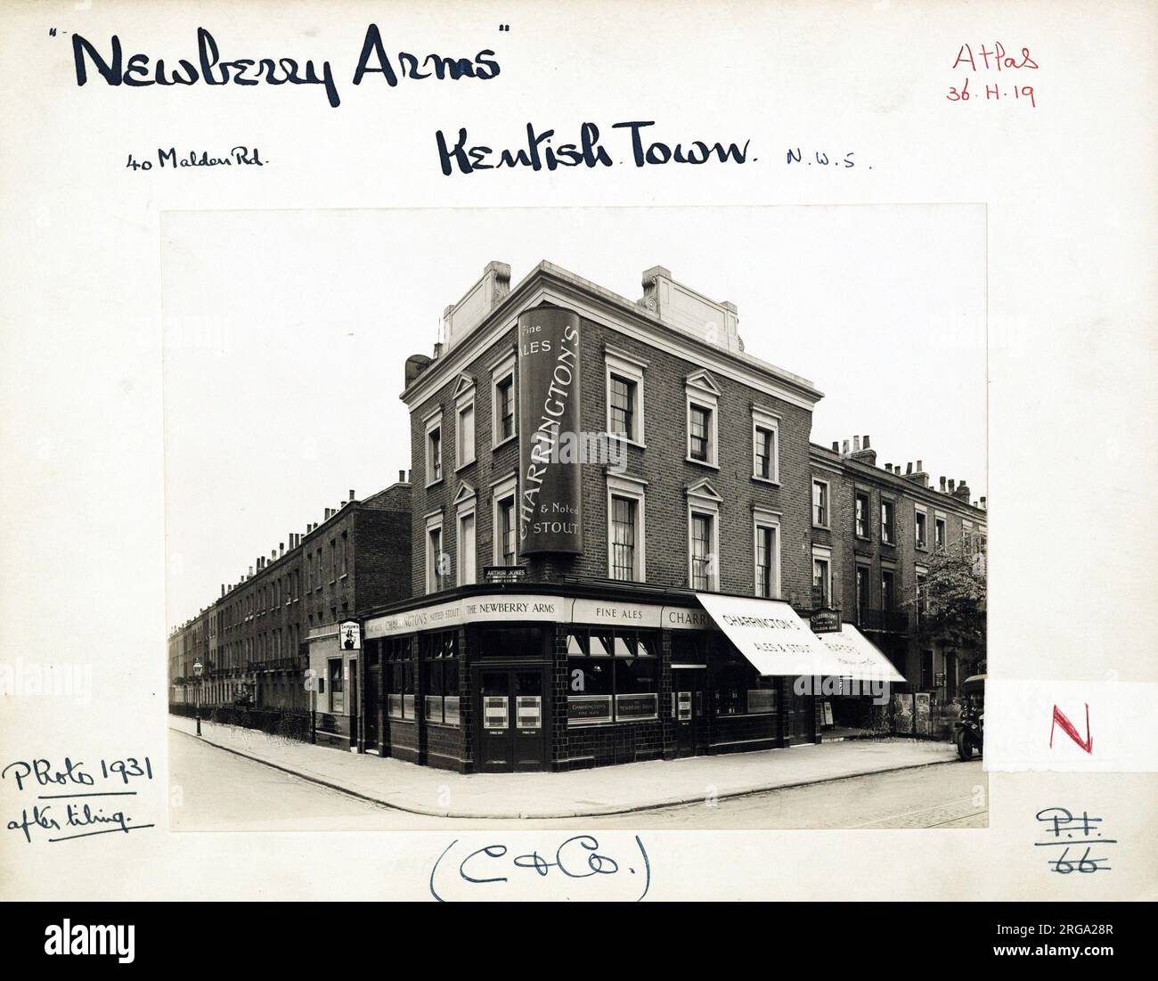 Photograph of Newberry Arms, Kentish Town, London. The main side of the print (shown here) depicts: Corner on view of the pub.  The back of the print (available on request) details: Trading Record 1924 . 1961 for the Newberry Arms, Kentish Town, London NW5 3HH. As of July 2018 . Closed c.2000 and demolished 2004 . replaced by housing. Stock Photo