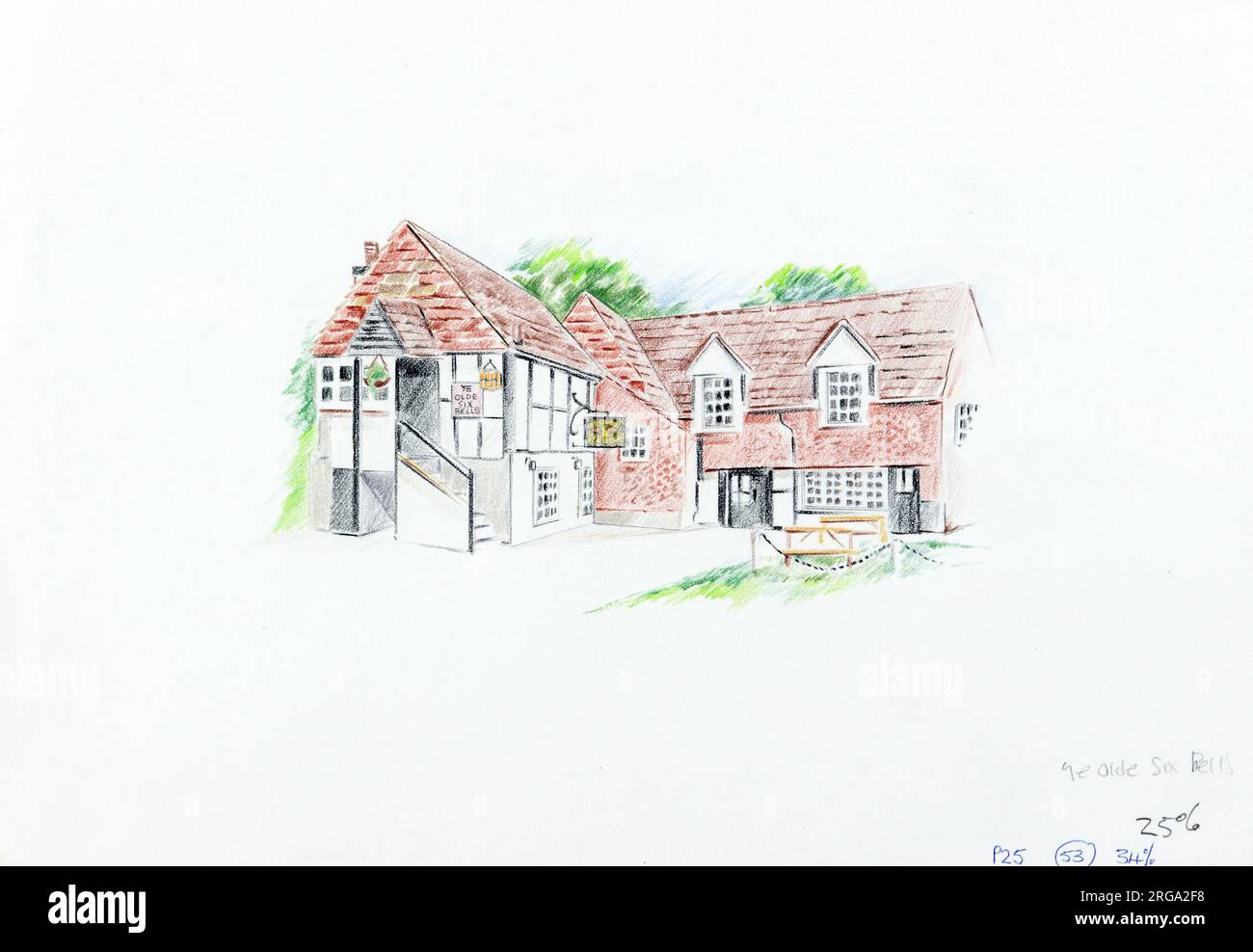 Sketch of  Olde Six Bells PH, Horley, Sussex. The main side of the print (shown here) depicts: Sketch of the pub.  The back of the print (available on request) details: Nothing for the Olde Six Bells, Horley, Sussex RH6 8AD. As of July 2018 . Vintage Inns (Mitchells & Butlers) Stock Photo