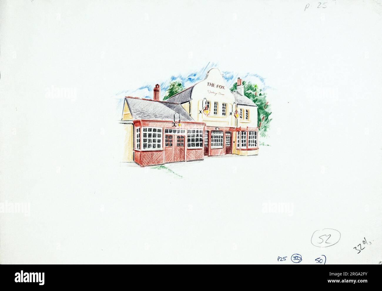 Sketch of  Olde Foxe PH, Coulsdon Common, Surrey. The main side of the print (shown here) depicts: Sketch of the pub.  The back of the print (available on request) details: Nothing for the Olde Foxe, Coulsdon Common, Surrey CR3 5QS. As of July 2018 . Renamed The Fox . Vintage Inns (Mitchells & Butlers) Stock Photo