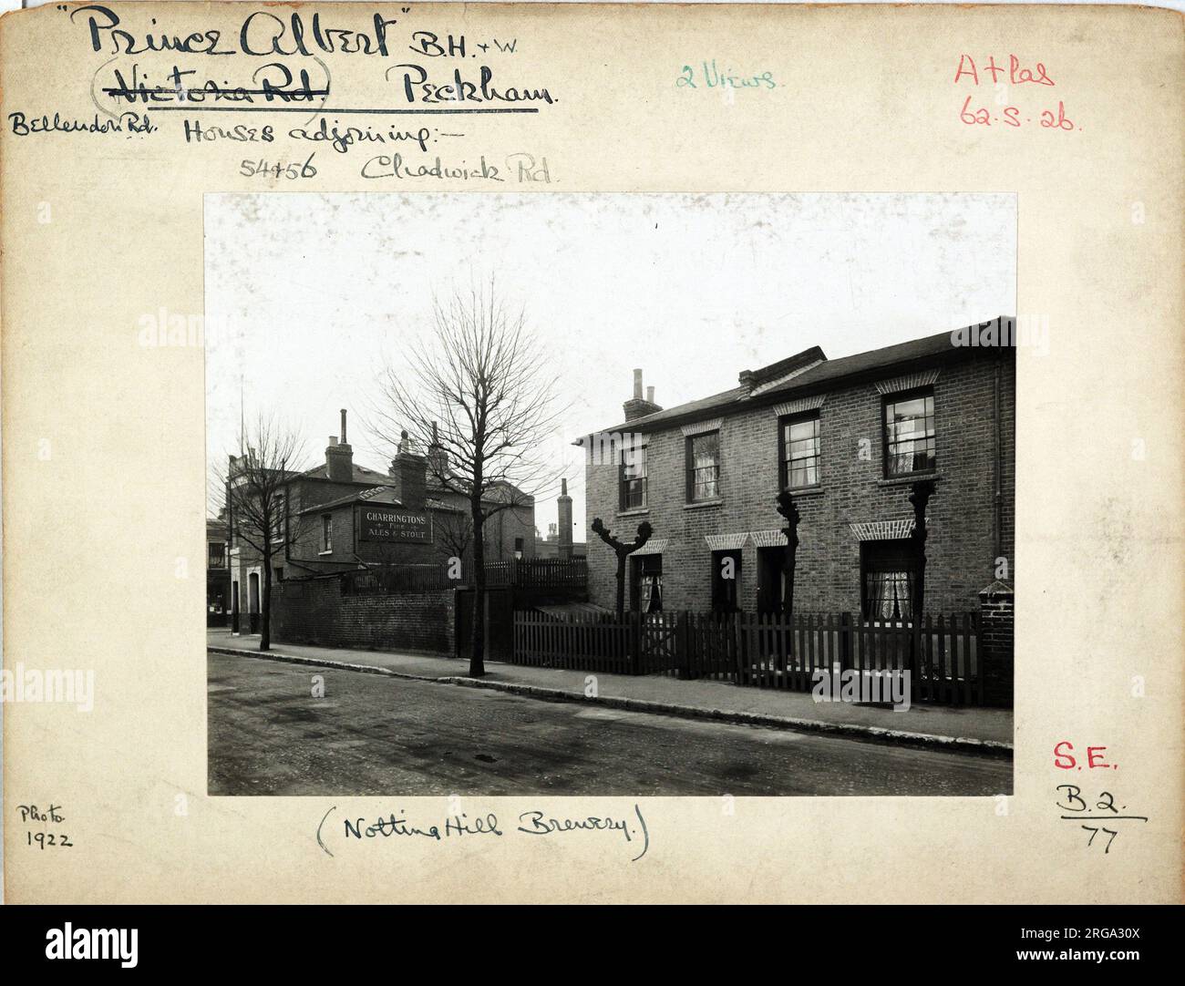 Photograph of Prince Albert PH, Peckham, London. The main side of the print (shown here) depicts: Right face on view of the pub.  The back of the print (available on request) details: Trading Record 1933 . 1941 for the Prince Albert, Peckham, London SE15 4QY. As of July 2018 . Town Centre Inns Stock Photo
