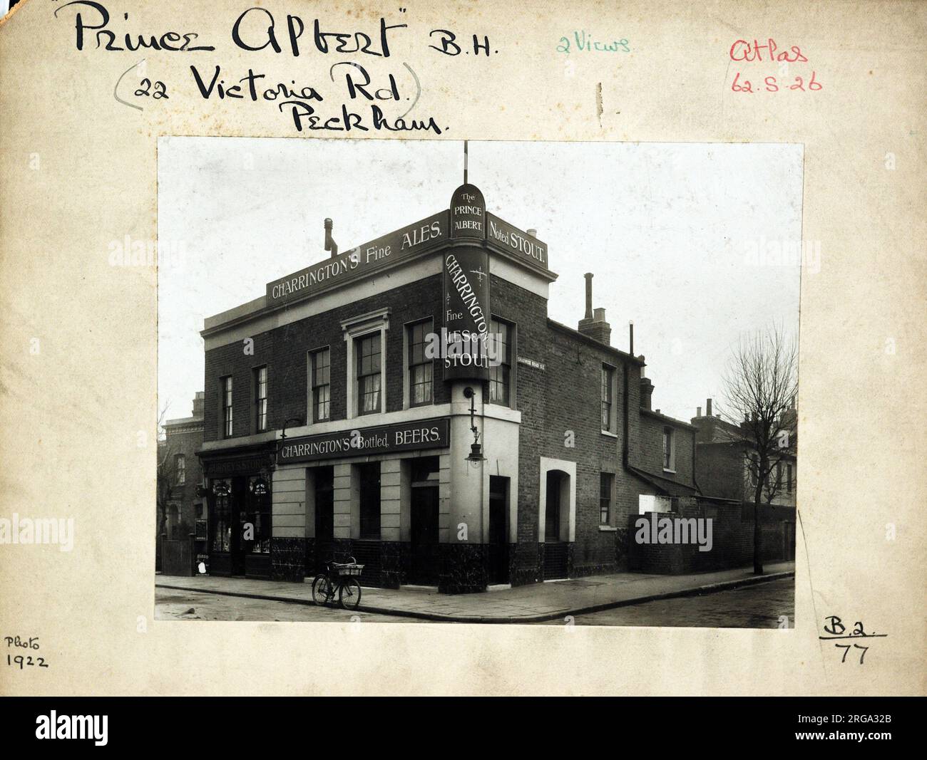 Photograph of Prince Albert PH, Peckham, London. The main side of the print (shown here) depicts: Corner on view of the pub.  The back of the print (available on request) details: Trading Record 1920 . 1931 for the Prince Albert, Peckham, London SE15 4QY. As of July 2018 . Town Centre Inns Stock Photo