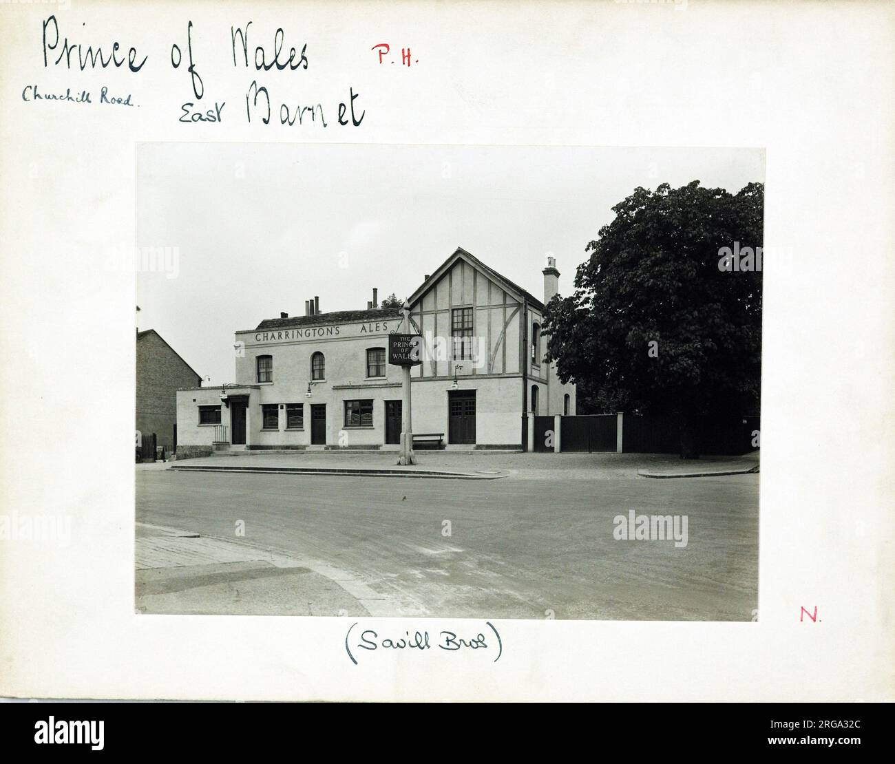 Prince Of Wales PH, East Barnet, Greater London. The main side of the print (shown here) depicts: Right face on view of the pub.  The back of the print (available on request) details: Trading Record 1929 . 1956 for the Prince Of Wales, East Barnet, Greater London EN4 8TB. As of July 2018 . Stonegate Pub Co Stock Photo