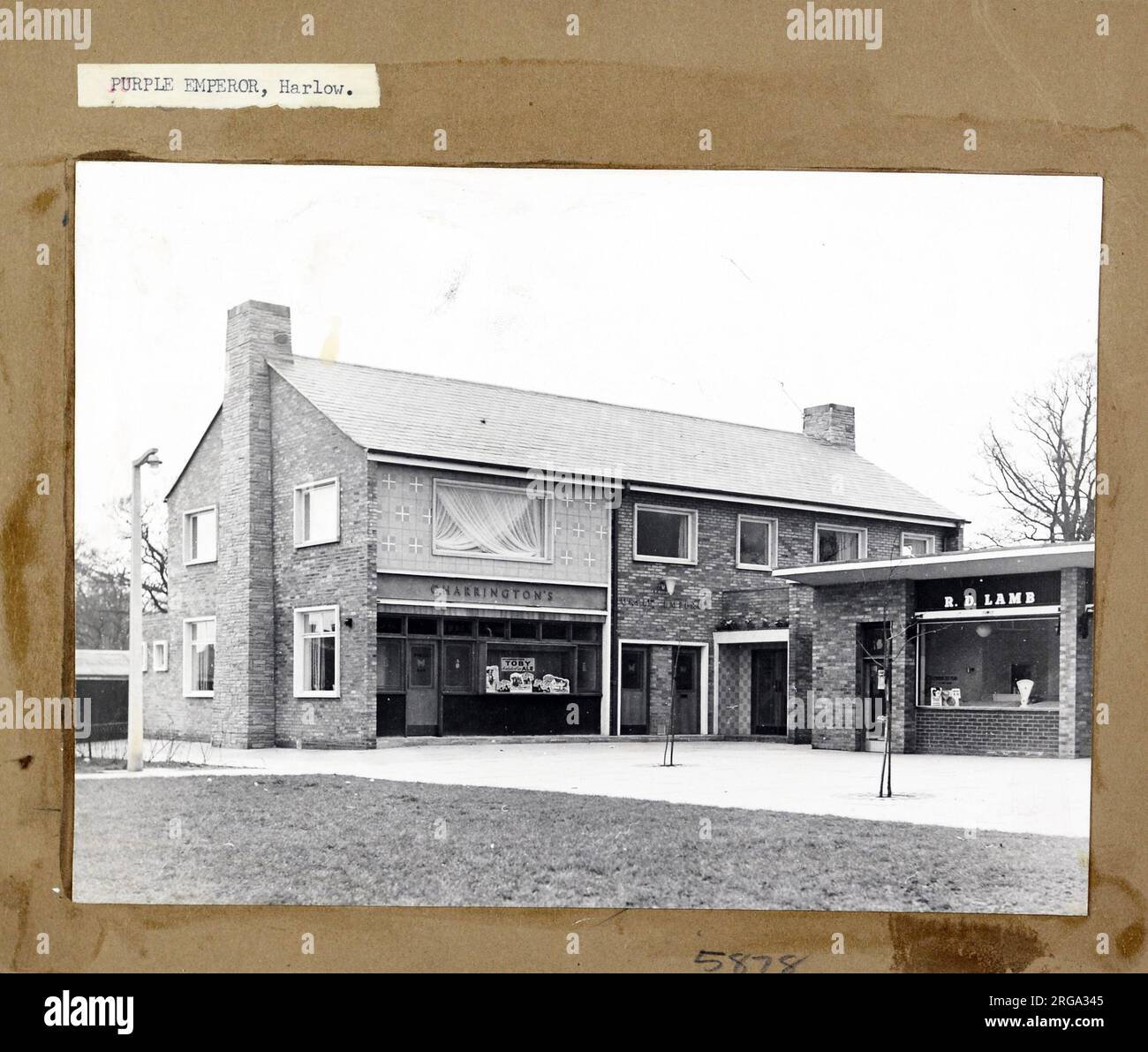 Photograph of Purple Emperor PH, Harlow, Essex. The main side of the print (shown here) depicts: Left Face on view of the pub.  The back of the print (available on request) details: Nothing for the Purple Emperor, Harlow, Essex CM20 3EH. As of July 2018 . Still in business owner unknown Stock Photo