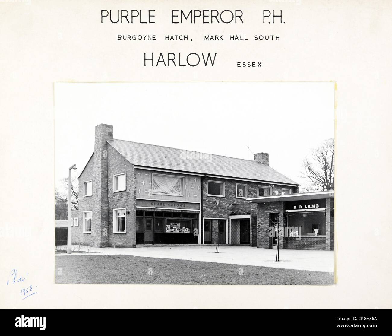 Photograph of Purple Emperor PH, Harlow, Essex. The main side of the print (shown here) depicts: Left Face on view of the pub.  The back of the print (available on request) details: Trading Record 1958 . 1962 for the Purple Emperor, Harlow, Essex CM20 3EH. As of July 2018 . Still in business owner unknown Stock Photo