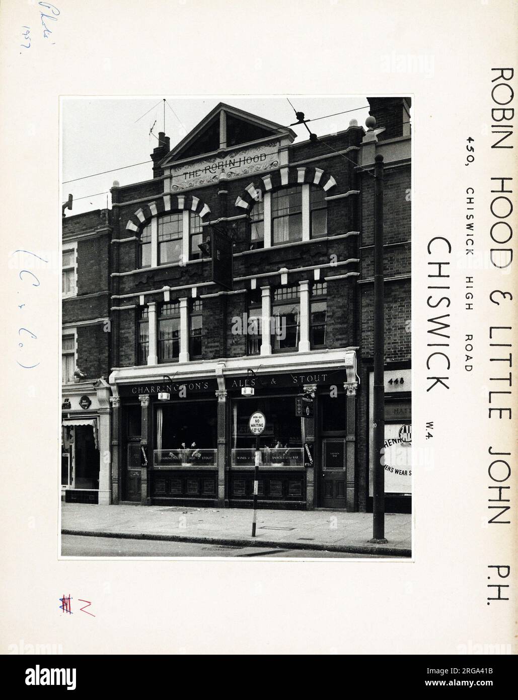 Photograph of Robin Hood & Little John PH, Chiswick, London. The main side of the print (shown here) depicts: Right face on view of the pub.  The back of the print (available on request) details: Trading Record 1938 . 1961 for the Robin Hood & Little John, Chiswick, London W4 5TT. As of July 2018 . Renamed Tommy Flynn's now Connolly's Stock Photo
