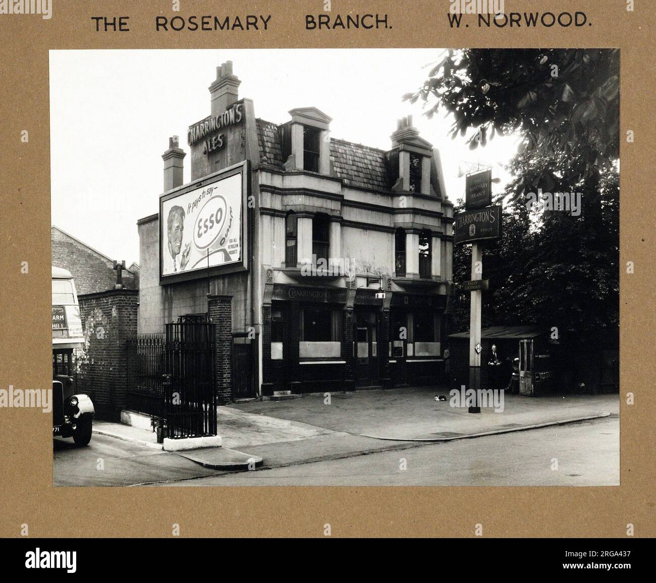 Photograph of Rosemary Branch PH, West Norwood, London. The main side of the print (shown here) depicts: Left Face on view of the pub.  The back of the print (available on request) details: Nothing for the Rosemary Branch, West Norwood, London SE27 0HN. As of July 2018 . Demolished in 1975 to make way for the Norwood bus depot extension. Stock Photo