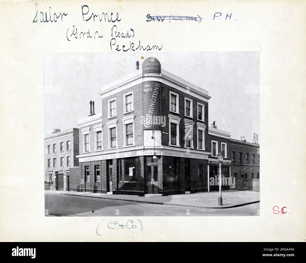 Photograph of Sailor Prince PH, Peckham, London. The main side of the print (shown here) depicts: Corner on view of the pub.  The back of the print (available on request) details: Trading Record 1929 . 1961 for the Sailor Prince, Peckham, London SE15 3RG. As of July 2018 . Converted to residential use by March 2011. Stock Photo