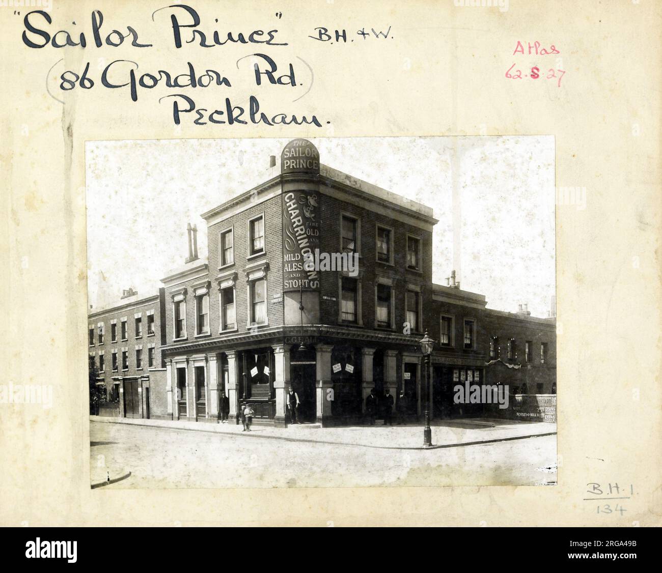 Photograph of Sailor Prince PH, Peckham, London. The main side of the print (shown here) depicts: Corner on view of the pub.  The back of the print (available on request) details: Trading Record 1913 . 1931 for the Sailor Prince, Peckham, London SE15 3RG. As of July 2018 . Converted to residential use by March 2011. Stock Photo