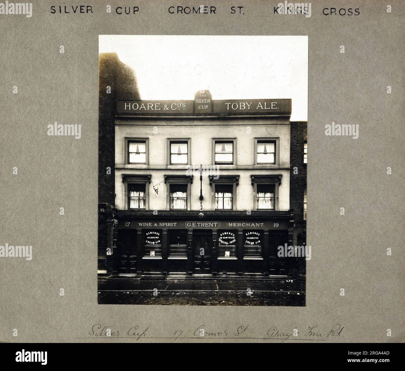 Photograph of Silver Cup  PH, Kings Cross, London. The main side of the print (shown here) depicts: Face on view of the pub.  The back of the print (available on request) details: Nothing for the Silver Cup , Kings Cross, London WC1H 8LS. As of July 2018 . Demolished . now flats Stock Photo