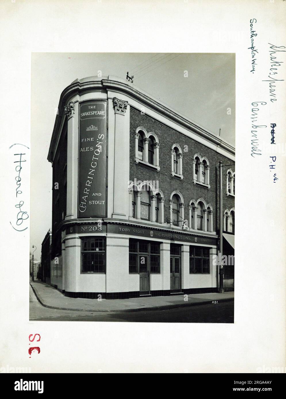 Photograph of Shakespeare PH, Camberwell, London. The main side of the print (shown here) depicts: Left Face on view of the pub.  The back of the print (available on request) details: Trading Record 1934 . 1961 for the Shakespeare, Camberwell, London SE5 7EJ. As of July 2018 . Demolished Stock Photo
