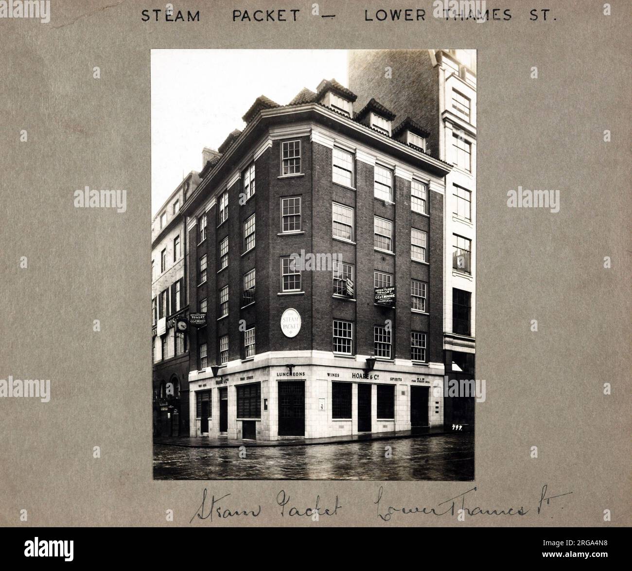 Photograph of Steam Packet PH, St Magnes Martyr, London. The main side of the print (shown here) depicts: Corner on view of the pub.  The back of the print (available on request) details: Nothing for the Steam Packet, St Magnes Martyr, London EC3R 6DN. As of July 2018 . Demolished Stock Photo