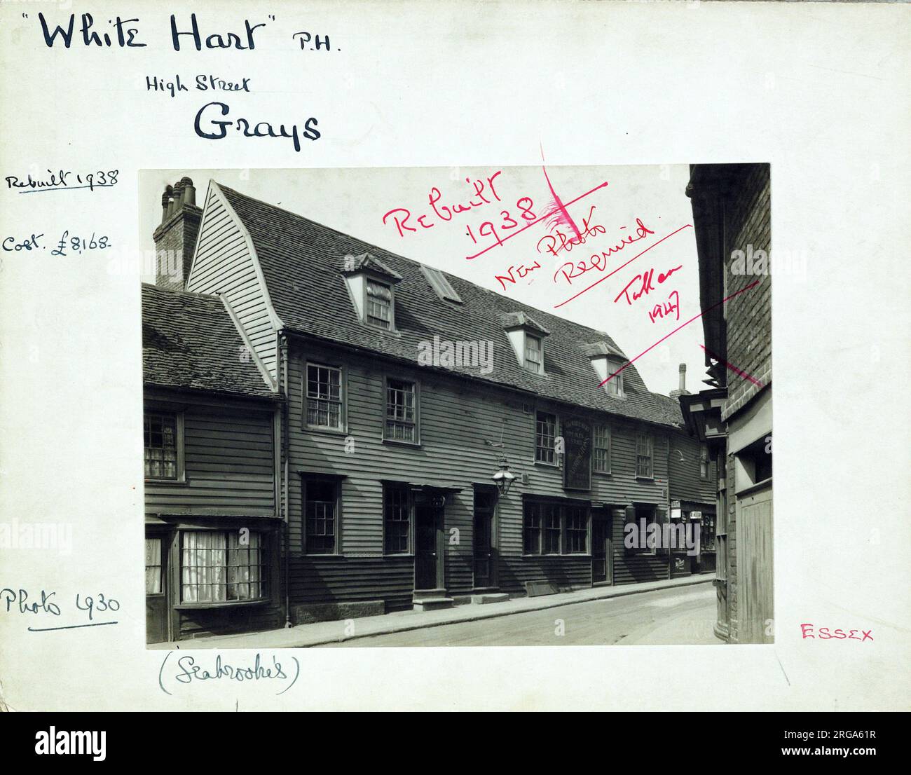 Photograph of White Hart PH, Grays (Old), Essex. The main side of the print (shown here) depicts