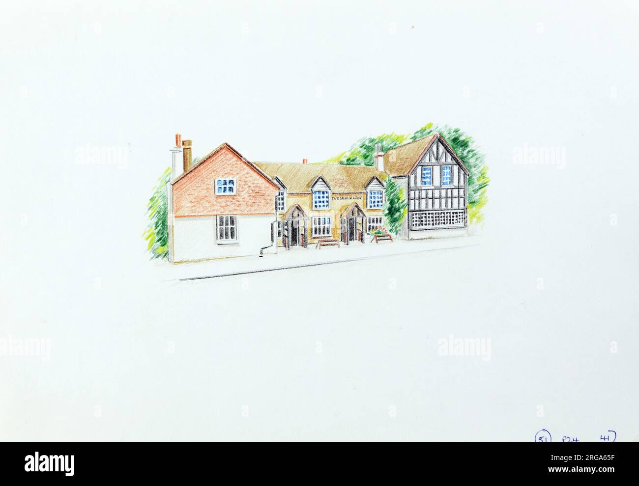 Sketch of  White Lion PH, Warlingham, Surrey. The main side of the print (shown here) depicts: Sketch of the pub.  The back of the print (available on request) details: Nothing for the White Lion, Warlingham, Surrey CR6 9EG. As of July 2018 . Ember Inns (Mitchells & Butlers) Stock Photo