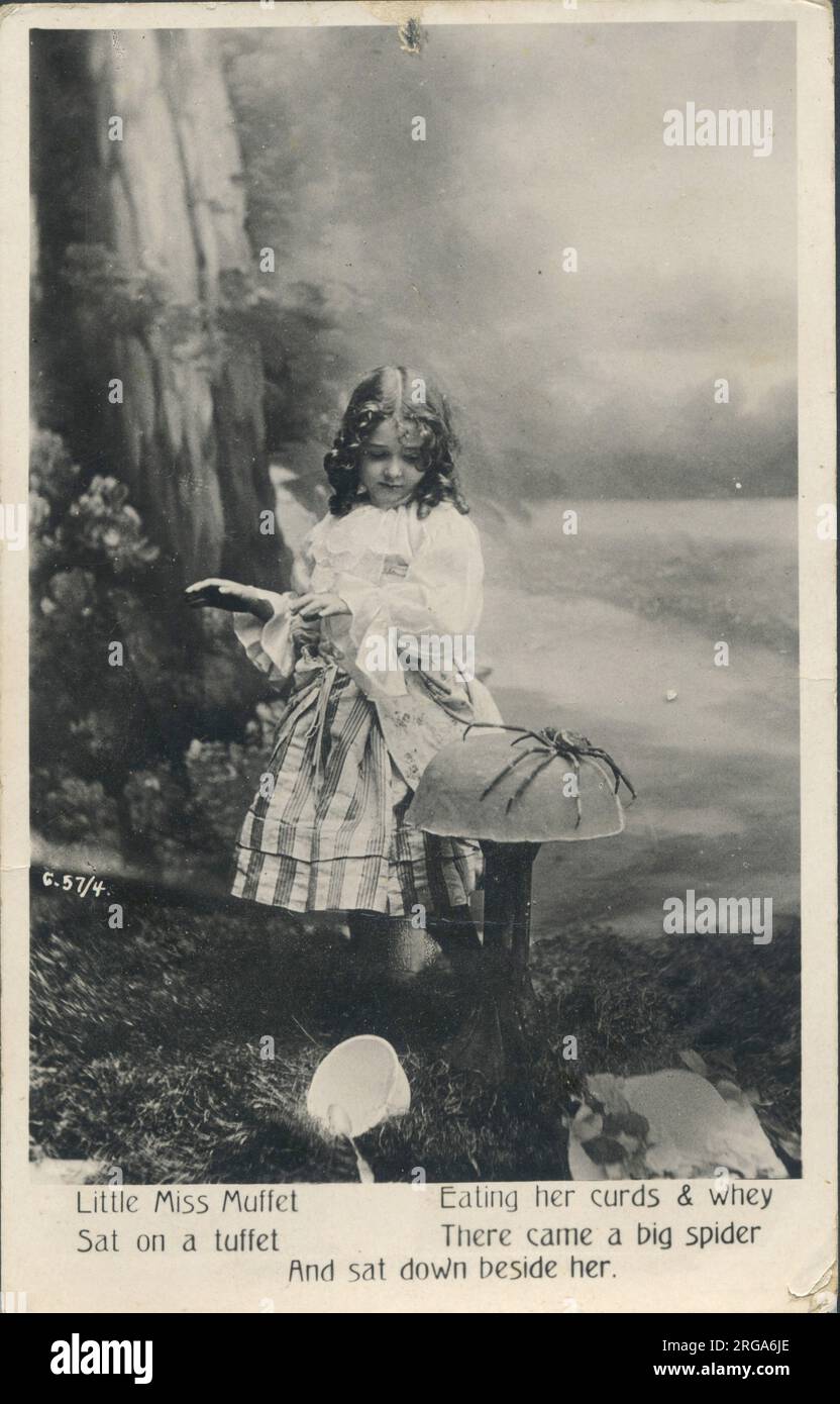 Photographic postcard of Little Miss Muffet. Stock Photo